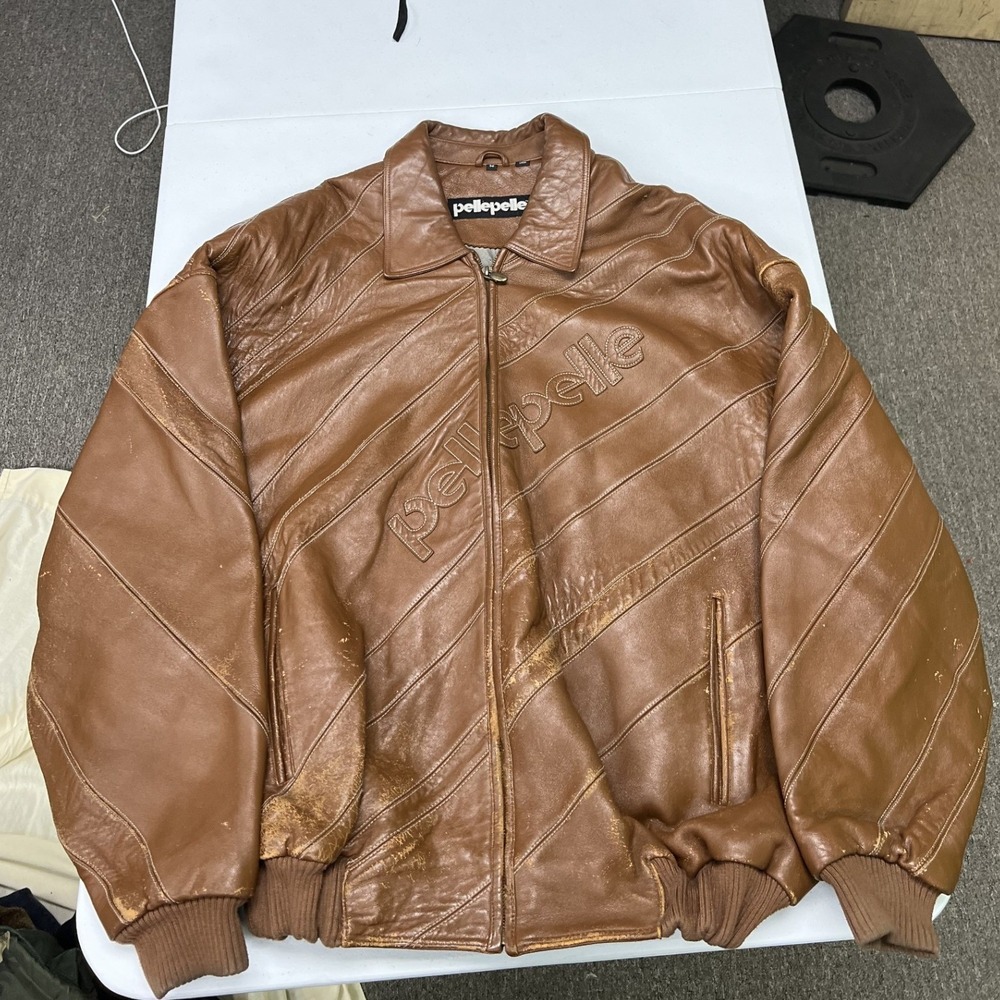 Pelle Pelle Leather Jacket Mens 56 Brown Embossed Logo Vintage Bomber
